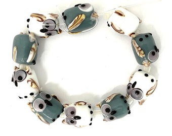 10 Gray and White Owl Beads, Lampwork Glass Bird Beads, Animal Beads, 2 color choices
