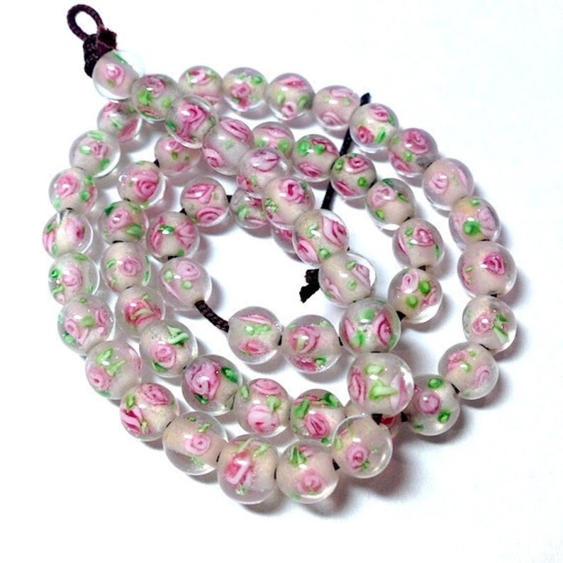 50 pieces 6mm Tiny Pink Flower Round Glass Beads Floral Glass Etsy