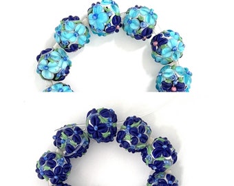 10 Blue Flower Lampwork Glass Beads, 14mm Round Floral Beads, choice of navy or blue