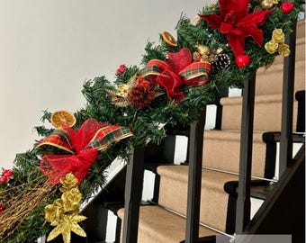 Handmade Christmas Garland • Red & Gold Poinsettia, Tartan Bows