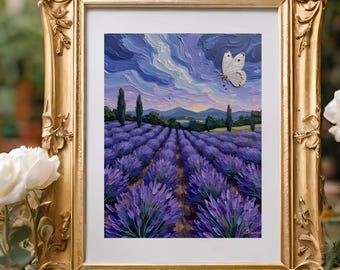Lavender Field Landscape Oil Painting Wall Art - Serene Pastoral Sunset, Printable Romantic Decor 26