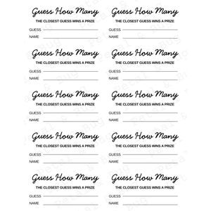 Może przedstawiać: Białe arkusze papieru z tekstem "Guess How Many" w stylowej czcionce. Każdy arkusz ma miejsca na "Guess" i "Name", z frazą "The closest guess wins a prize". Idealne do gier imprezowych.