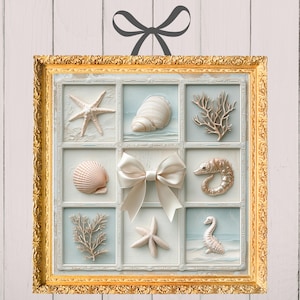 Elegant Seaside Shell Shadowbox Collage PNG, Coastal Marine Decor, Digital Download