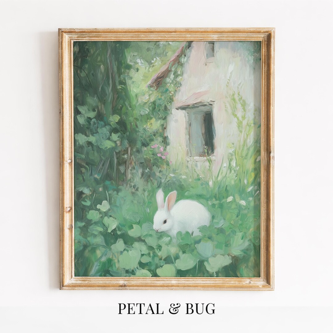 Cottage Core Rabbit Printable Cottagecore Bunny in Clover | Young White Rabbit Portrait ...