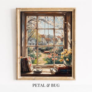 May include: A framed print depicting a window overlooking a garden with a swing set and houses. A stack of books, a teacup, and a vase of yellow tulips are on the windowsill. The text "PETAL & BUG" is at the bottom of the print.