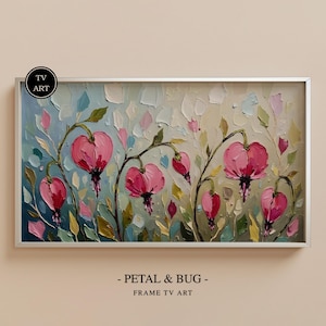 Arte para TV Samsung Frame Cottagecore com Corações Sangrentos, Flores Românticas em Impasto Ousado, Download Digital Floral Rosa, 185