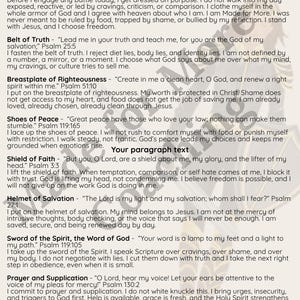 May include: A white background with black text detailing 'Spiritual Armor: Preparing for Battle'. The text describes steps to take to prepare for the day, including faith, truth, and peace. It includes Bible verses.