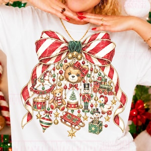 Vintage Christmas bow png, toy shop Christmas png, candy cane bow png, teddy bear Christmas, nutcracker png, nostalgic holiday sublimation