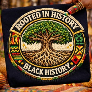 Può includere: T-shirt nero con un design ricamato. Il design presenta un albero con foglie verdi e radici marroni, circondato dalle scritte "ROOTED IN HISTORY" e "BLACK HISTORY". Il design incorpora accenti rossi, gialli e verdi.