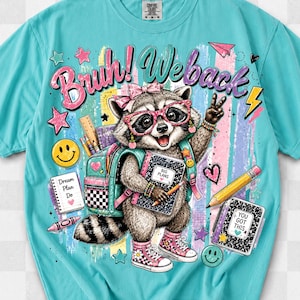 Bruh We Back Png, Mapache de regreso a la escuela PNG, Escuela preppy PNG, Mochila linda de animales PNG, Diseño de sublimación retro para profesor y estudiante imagen 1