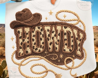 Hola Western PNG, Letras de cuerda de vaquero con leopardo, Diseño de suéter rústico de crochet, Vaquera de rodeo imprimible, Hilo vintage PNG