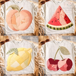 Zomer patchwork fruit png-bundel, cottagecore quilt perzik citroen kers watermeloen sublimatieontwerpen, retro zomer patchwork, png