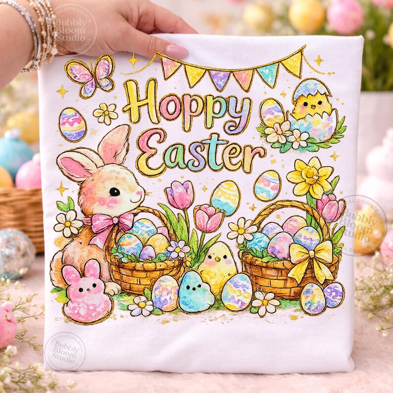 May include: White t-shirt with a colorful "Hoppy Easter" design. The design features a bunny, chicks, Easter eggs, flowers, and baskets. A butterfly and a banner with colorful flags are also included in the design.