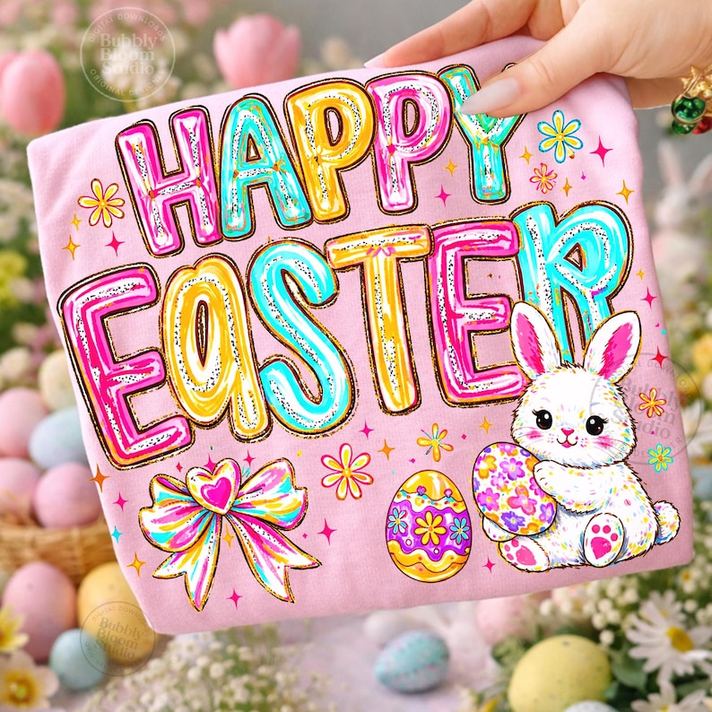 May include: Pink t-shirt with the words "HAPPY EASTER" in colorful bubble letters. The shirt features a cartoon bunny holding a decorated Easter egg, a bow, and floral accents. The design is festive and bright.