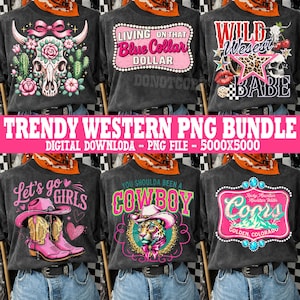 May include: A collection of six graphic t-shirt designs with a Western theme. The shirts are dark gray and feature various designs, including a skull with flowers, a pink sign with text, and a leopard print star. The text "TRENDY WESTERN PNG BUNDLE" is also visible.