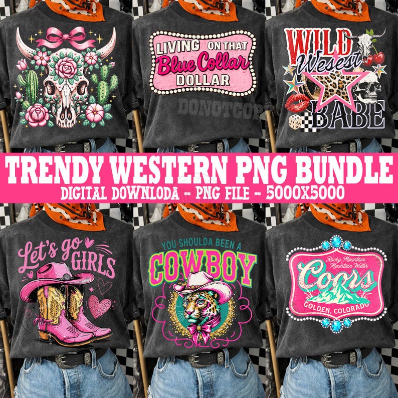 May include: A collection of six graphic t-shirt designs with a Western theme. The shirts are dark gray and feature various designs, including a skull with flowers, a pink sign with text, and a leopard print star. The text "TRENDY WESTERN PNG BUNDLE" is also visible.