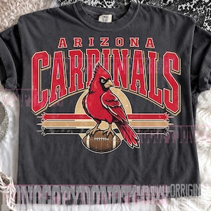 May include: A charcoal gray t-shirt featuring a graphic print of a red cardinal bird perched on a brown football. The text reads ARIZONA CARDINALS in large red block letters. The design includes horizontal stripes in red, tan, and black colors.
