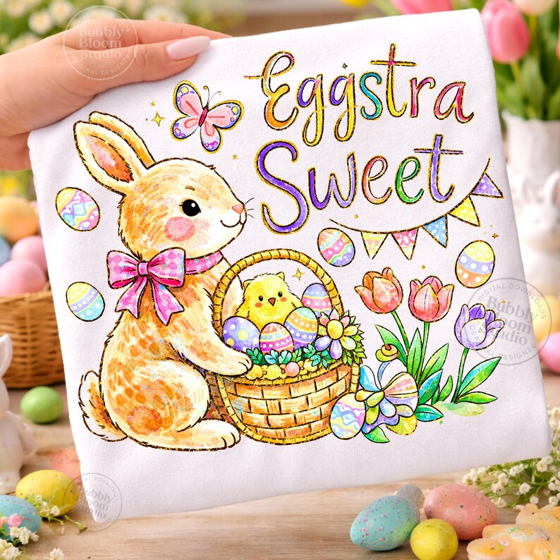May include: White Easter-themed design featuring a bunny with a pink bow, a basket of eggs and a chick, and the words "Eggstra Sweet" in colorful lettering. The design includes butterflies, flowers, and Easter eggs.