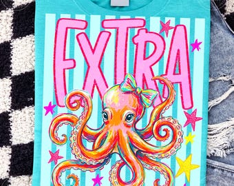 Extra bläckfisk PNG, rolig fräck skjortadesign, söt preppy kokett djur PNG, trendig randig sublimeringsfil, flickaktigt DTF-grafik
