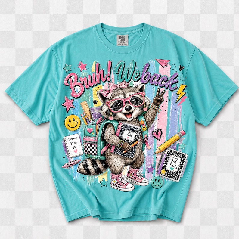Bruh We Back Png, Mapache de regreso a la escuela PNG, Escuela preppy PNG, Mochila linda de animales PNG, Diseño de sublimación retro para profesor y estudiante imagen 1