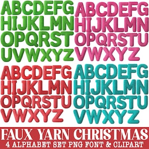 May include: A collection of colorful faux yarn alphabet letters in green, pink, red, and teal. The letters are arranged in rows and columns, with the full alphabet displayed in each color. The text "FAUX YARN CHRISTMAS" and "4 ALPHABET SET PNG FONT & CLIPART" is at the bottom.