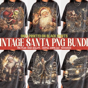 May include: A collection of six black t-shirts featuring vintage-style Christmas graphics. Designs include a green character with a sack, Santa Claus waving, a reindeer sleigh, Santa with a nutcracker, a person in a snowy scene, and a car with a tree.