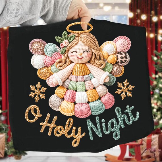 O Holy Night PNG, Crochet Angel Christmas Design, Faux Yarn Texture Religious Sublimation, Christian Holiday PNG, Nativity Christmas Art