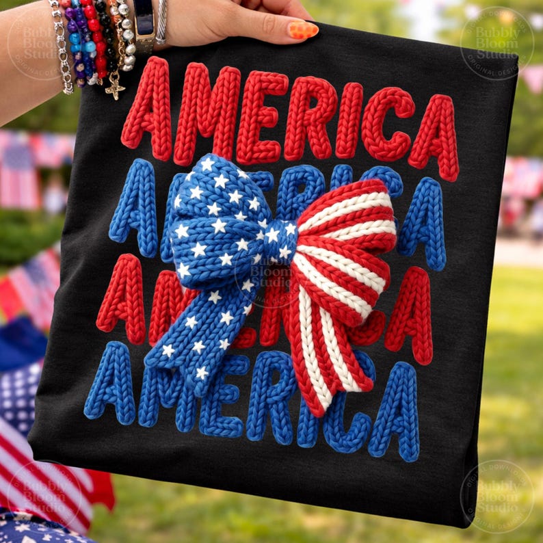 America PNG, Patriotic Bow Design, Faux Yarn 4th Of July Shirt Graphic, USA Coquette Style Sublimation image 3