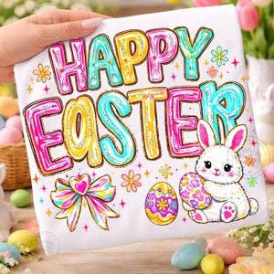 May include: White t-shirt with a colorful "HAPPY EASTER" graphic, a bunny holding an Easter egg, and a bow. The text is in bubble letters with glitter accents. Easter-themed design.