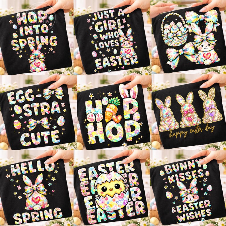 May include: Black t-shirts with Easter-themed designs. The shirts feature colorful graphics of bunnies, eggs, bows, and text like "Hop into Spring," "Just a Girl Who Loves Easter," and "Happy Easter Day."
