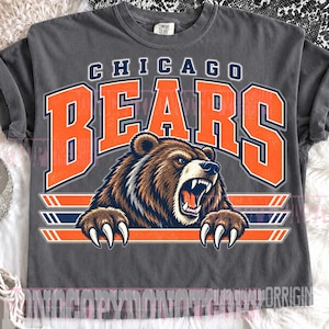May include: A charcoal gray short-sleeve t-shirt featuring a graphic print of a snarling brown bear with claws extended. The text CHICAGO BEARS is printed in large orange and navy blue block letters above the bear, with horizontal stripes below.