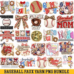 May include: A collection of baseball-themed PNG graphics. Designs include baseballs, mitts, bows, and text like "Game Day" and "Baseball Mom." The color palette features red, white, blue, and leopard print accents. The text "Baseball Faux Yarn PNG Bundle" is at the bottom.