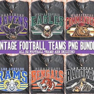 May include: A digital graphic display featuring six charcoal gray t-shirts with vintage-style football team logos including the Baltimore Ravens, Philadelphia Eagles, Washington Commanders, Los Angeles Rams, Cincinnati Bengals, and Las Vegas Raiders.