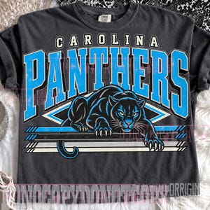 May include: A charcoal gray t-shirt featuring the text CAROLINA PANTHERS in large blue and white block letters. A graphic of a black panther in a crouching position is centered below the text, positioned above three horizontal stripes.