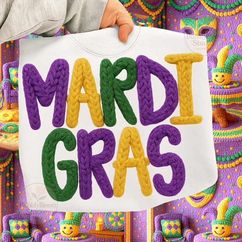 May include: White sweatshirt with the words "MARDI GRAS" in large, textured, colorful letters. The letters are purple, yellow, and green. The sweatshirt is held up by a person's hand. The background has crochet decorations.