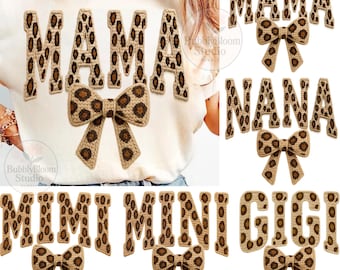 Leopard Crochet Mama PNG Bundle, Nana Mimi Mini Gigi Leopard Bow PNG, Faux Yarn Letters Clipart, Cheetah Mom Shirt Design, Sublimation PNG