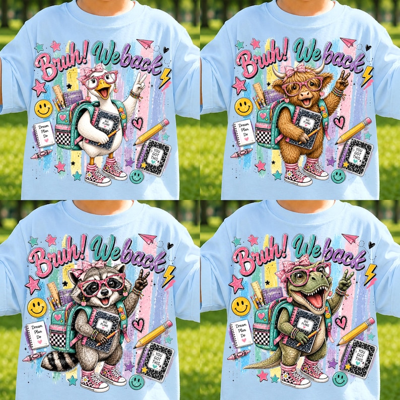 Bruh We Back PNGバンドル、Back To School Animal PNGバンドル、Preppy Teacher Student昇華デザイン、Retro School Shirt PNG 画像 2