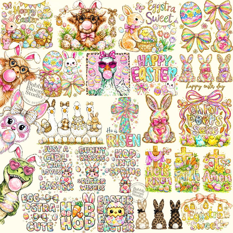 May include: A collection of colorful Easter-themed illustrations featuring bunnies, eggs, bows, and text. The designs include phrases like "Happy Easter," "Eggstra Sweet," and "He is Risen." The artwork has a whimsical, pastel color palette.
