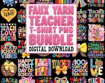 Crochet Teacher PNG Bundle, Faux Yarn Teacher PNG, Retro Teacher Png Bundle, Back to School Png, Teacher Apperciation png, End of school png