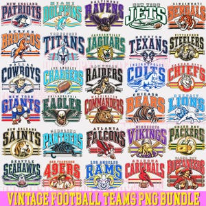 May include: A digital collection of thirty-two professional football team logos featuring various mascots, team names, and colors. The graphic includes text labels for each team and the phrase VINTAGE FOOTBALL TEAMS PNG BUNDLE at the bottom.