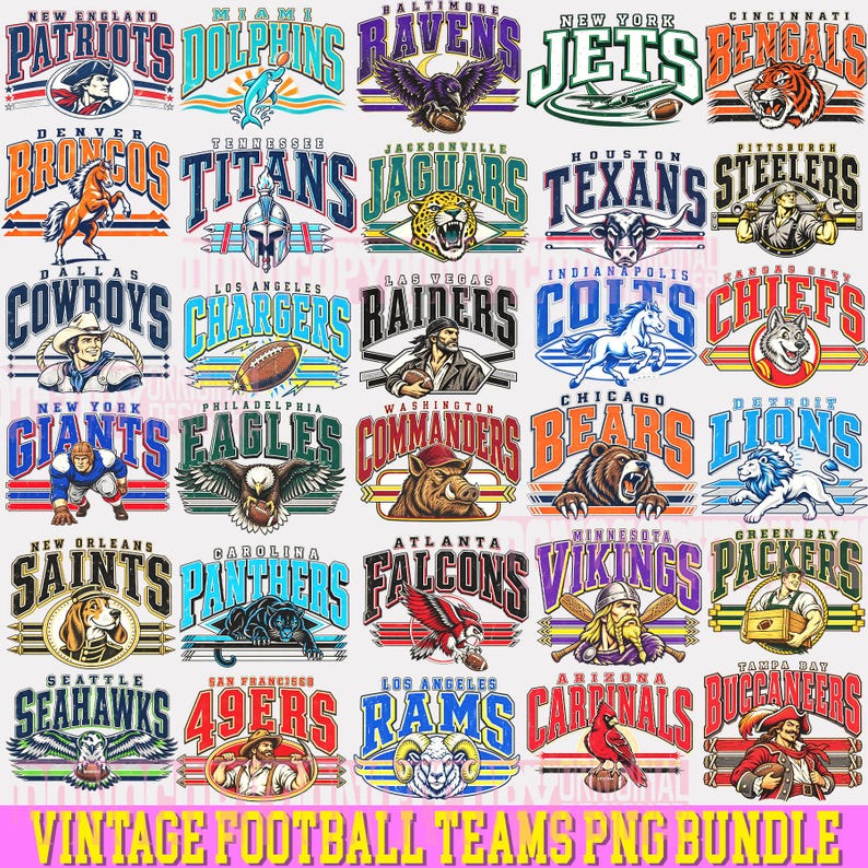 May include: A digital collection of thirty-two professional football team logos featuring various mascots, team names, and colors. The graphic includes text labels for each team and the phrase VINTAGE FOOTBALL TEAMS PNG BUNDLE at the bottom.