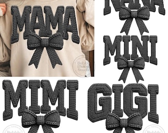 Crochet MAMA Png Bundle, Faux Yarn Bow Png, 3D Crochet Mama Mini Gigi png bundle, Cozy Knitted Coquette PNG, Sublimation Digital Download