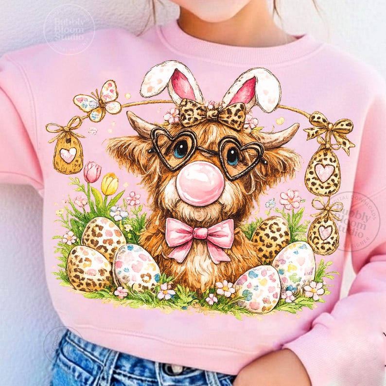 May include: Pink sweatshirt featuring an Easter-themed graphic. The design includes a Highland cow wearing bunny ears, heart-shaped glasses, and a pink bow. Decorated Easter eggs and flowers surround the cow. The sweatshirt is worn by a person.