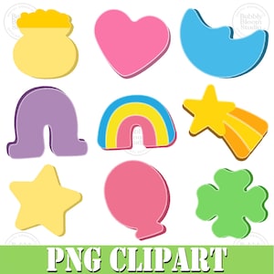 Pode incluir: Uma coleção de cliparts PNG coloridos com um pote de ouro, um coração rosa, uma lua azul, um arco roxo, um arco-íris, uma estrela cadente, uma estrela amarela, um balão rosa e um trevo verde. Texto: "PNG CLIPART".