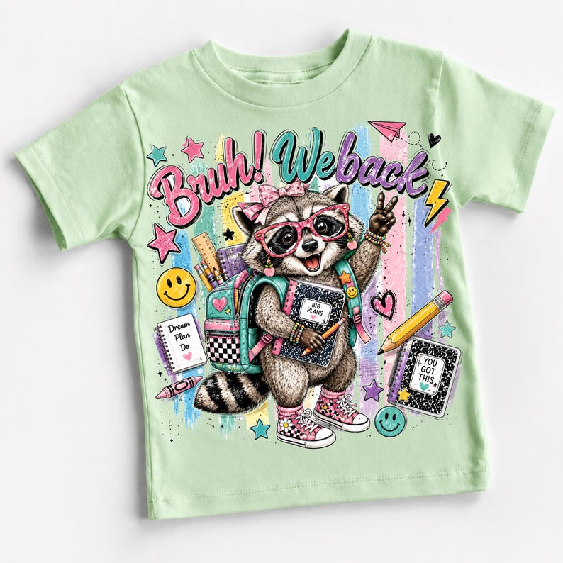 Bruh We Back Png, Mapache de regreso a la escuela PNG, Escuela preppy PNG, Mochila linda de animales PNG, Diseño de sublimación retro para profesor y estudiante imagen 3