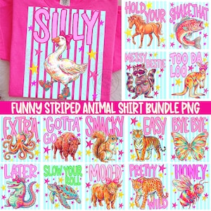 Puede incluir: Una camiseta rosa intenso con un dibujo de un ganso con botas y un lazo, la palabra "SILLY" en rosa y gráficos de animales con texto. También se ve el texto "FUNNY STRIPED ANIMAL SHIRT BUNDLE PNG".