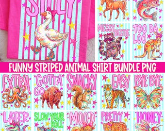 Paquete de PNG de animales divertidos, diseño de camisa a rayas estilo preppy, archivos de sublimación de verano a la moda, frases de animales lindas y atrevidas, PNG de transferencia DTF
