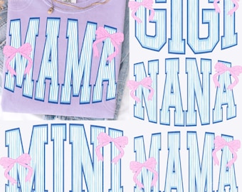 Mama, Mini, Nana, Gigi, Aunt Trendy Seersucker Stripes Blue PNG Bundle, Pink Coquette Preppy Mama Design, Mother's Day Mommy & Me Design Png