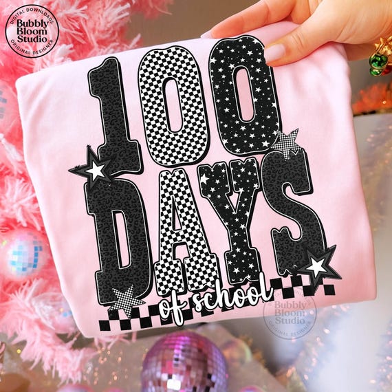 100 Days of School Shirt, Trendy Teacher Shirt png, Black White Checkered Leopard 100th Day Tee, Cute Teacher Graphic T-Shirt Design