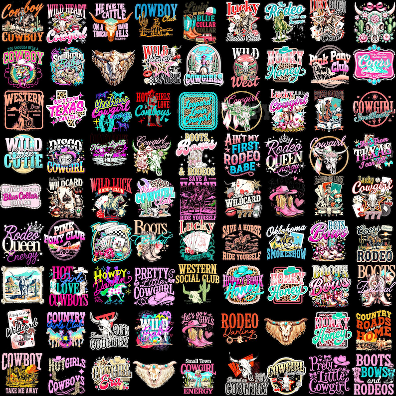 May include: A collection of colorful graphic designs with Western and rodeo themes. The designs feature text like "Cowboy," "Cowgirl," "Rodeo Queen," and "Boots," along with images of boots, horseshoes, and steer skulls. The designs are on a black background.
